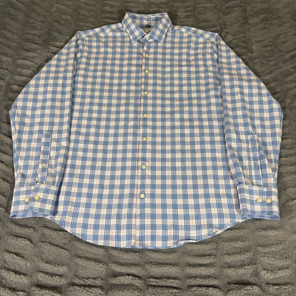 Peter Millar Summer Comfort Mens Large Blue Plaid Button Down Shirt AT207